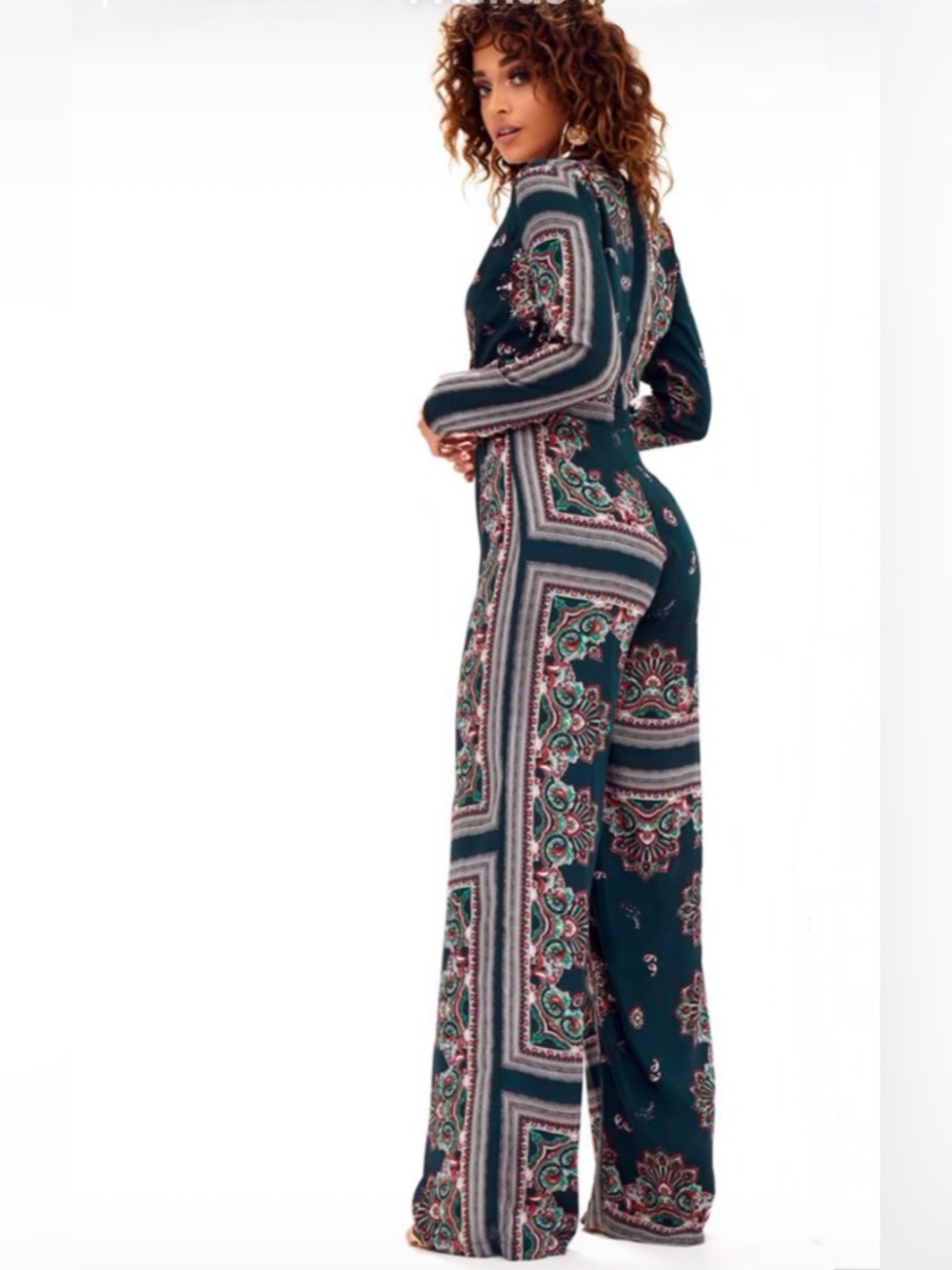 PrettyLittleThing Teal Green Paisley Long Sleeve Silky Jumpsuit Boho Retro Sz 6
